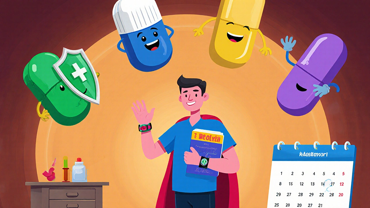 Alternative medication characters with patient holding pain diary and wearing medical alert bracelet.