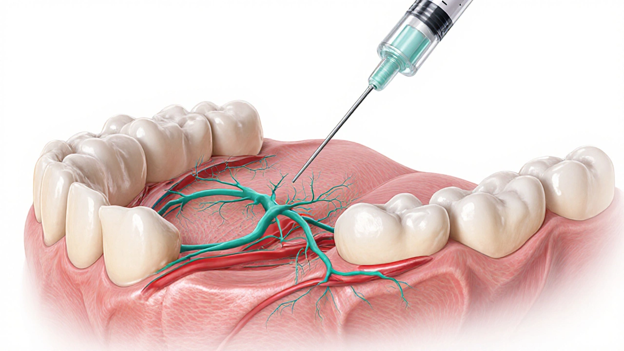 Anatomical illustration of a lower jaw showing an inferior alveolar nerve block with a syringe.