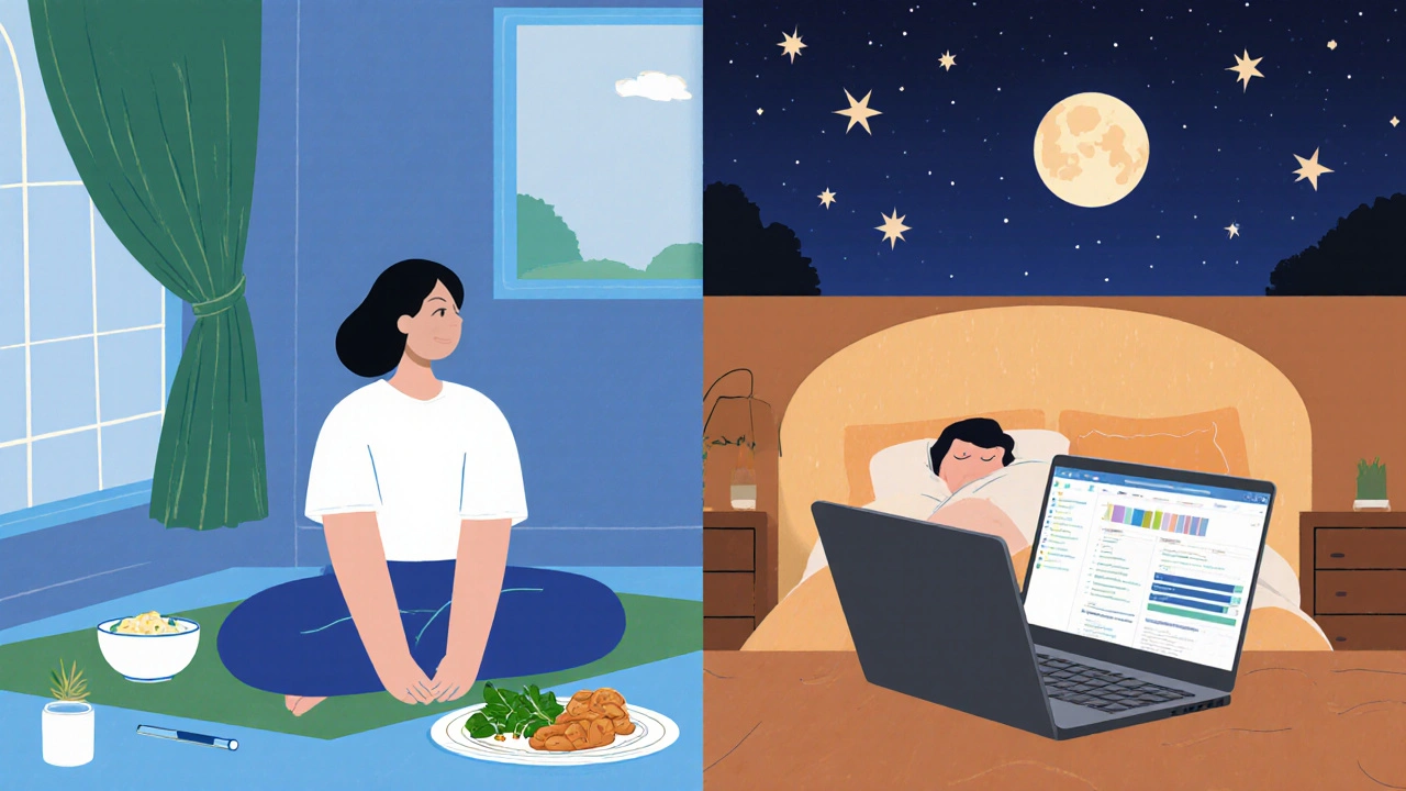 Calm character balancing yoga, healthy meal, laptop work, and sleeping peacefully.