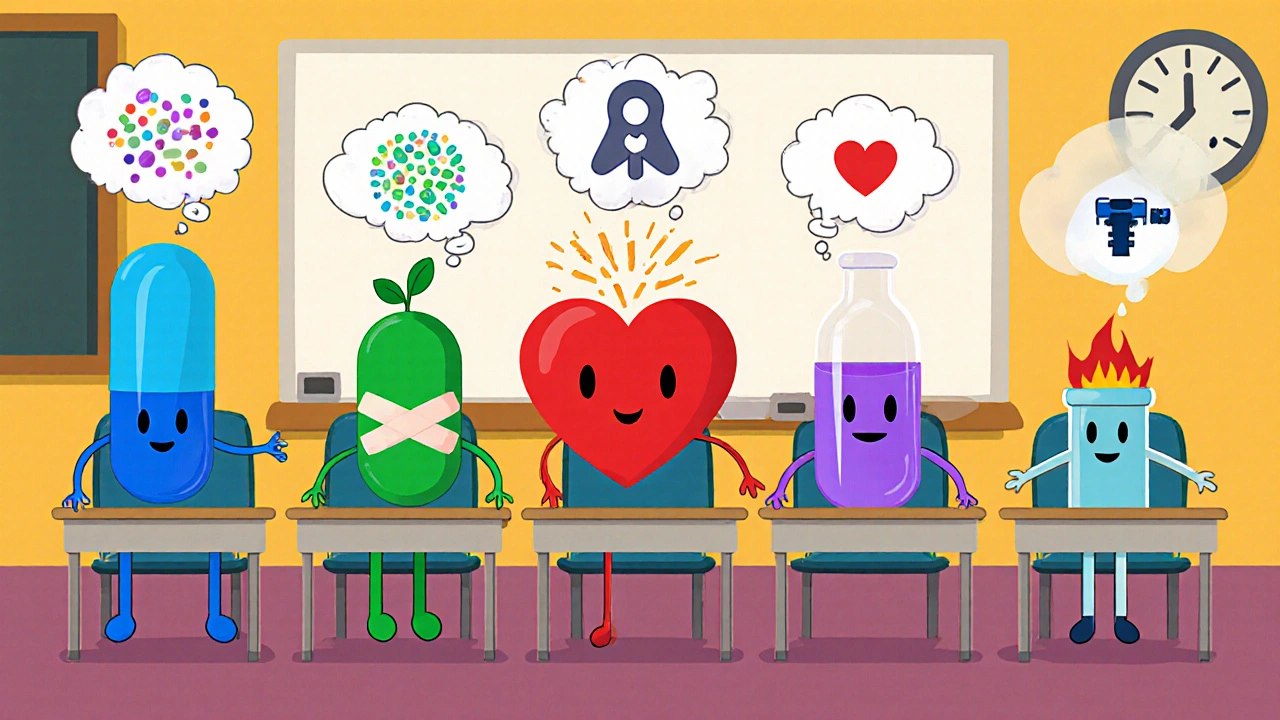 Cartoon classroom with drug characters showing their main toxicities in thought bubbles.