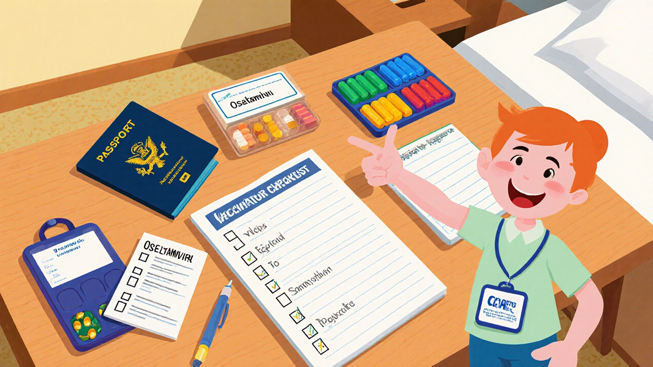 Checklist on table with passport, vaccine card, pill organizer and prescription.
