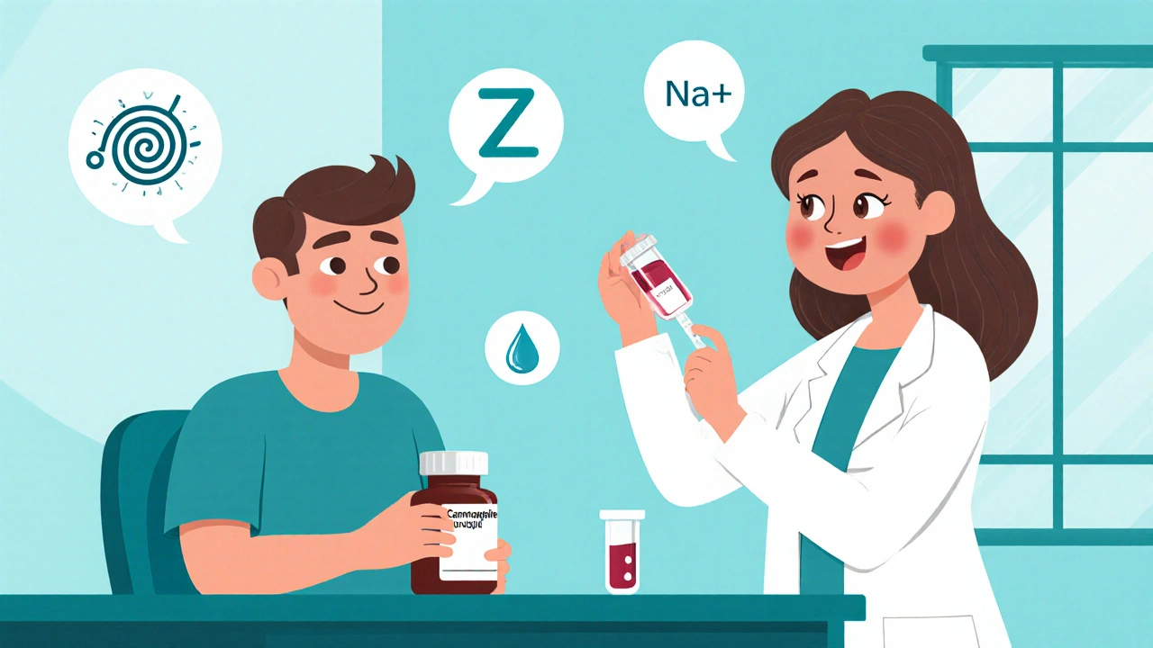 Clinic scene with patient, nurse drawing blood, and icons for side effects like dizziness and low sodium.
