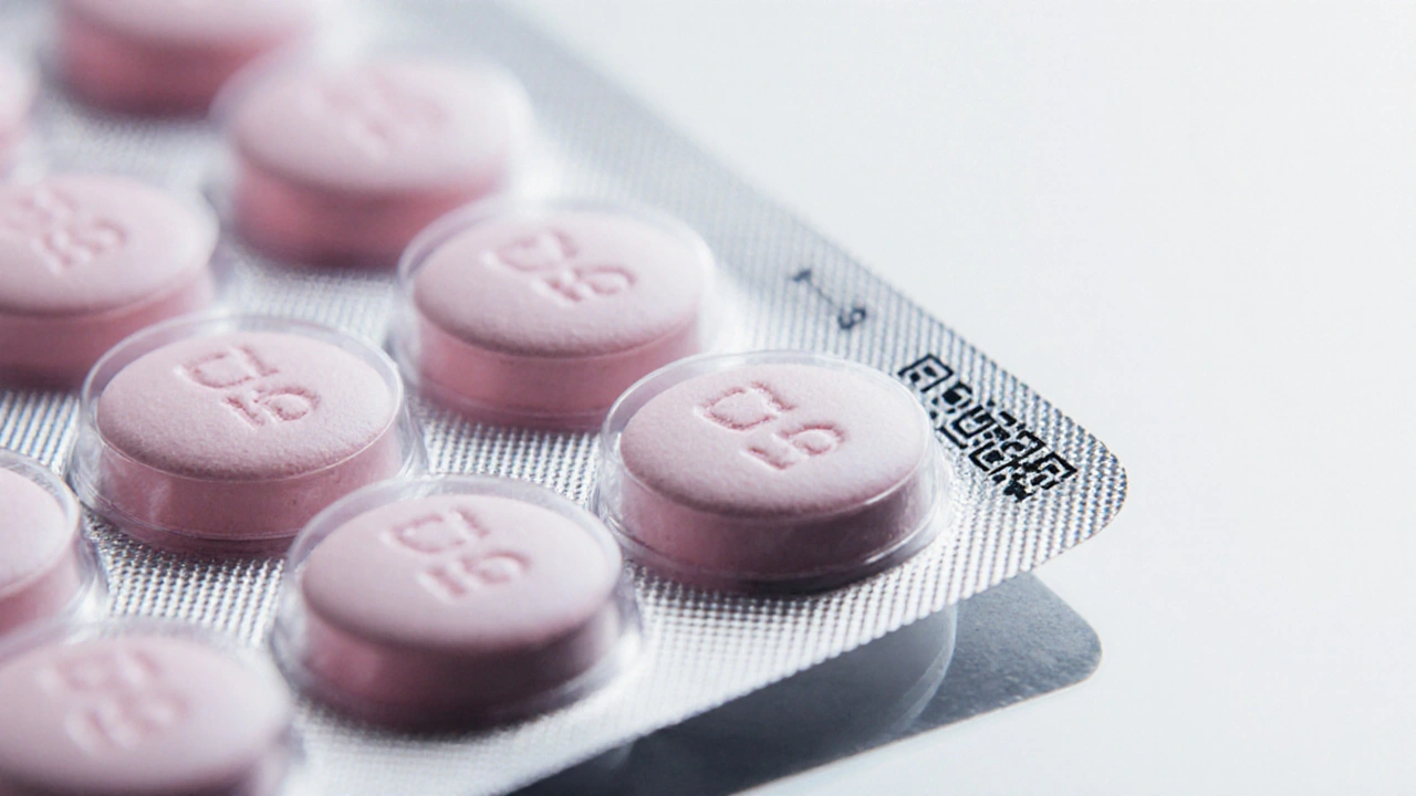 Close-up of a blister pack showing uniform pink ibuprofen tablets with imprint.
