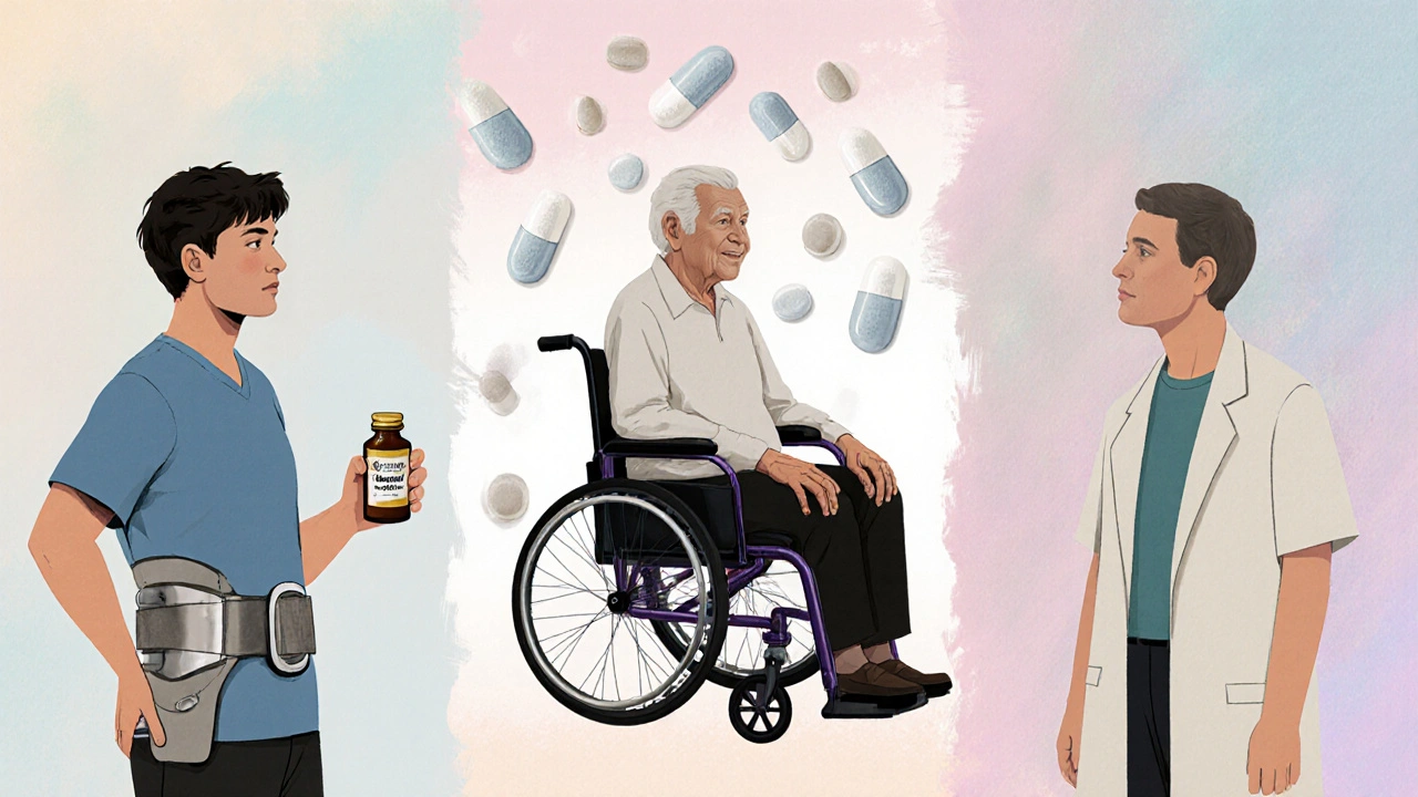 Collage of three patient scenarios showing methocarbamol, baclofen, and careful pill selection.