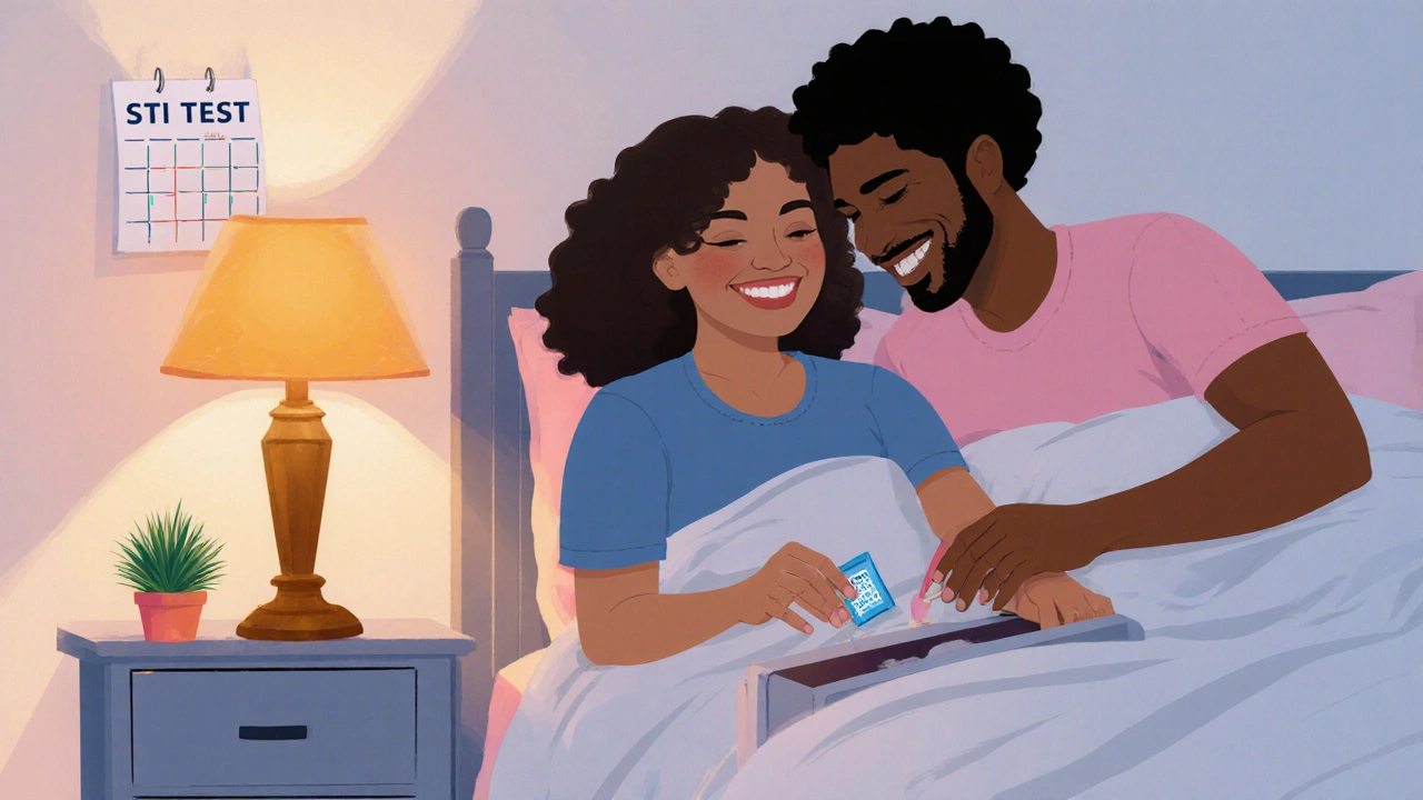 Couple smiling in bedroom reaching for a condom, calendar visible.