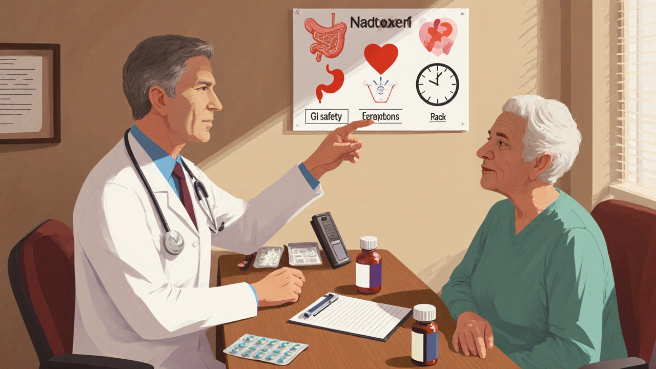 Doctor consulting patient about switching NSAIDs, with medication bottles on the desk.