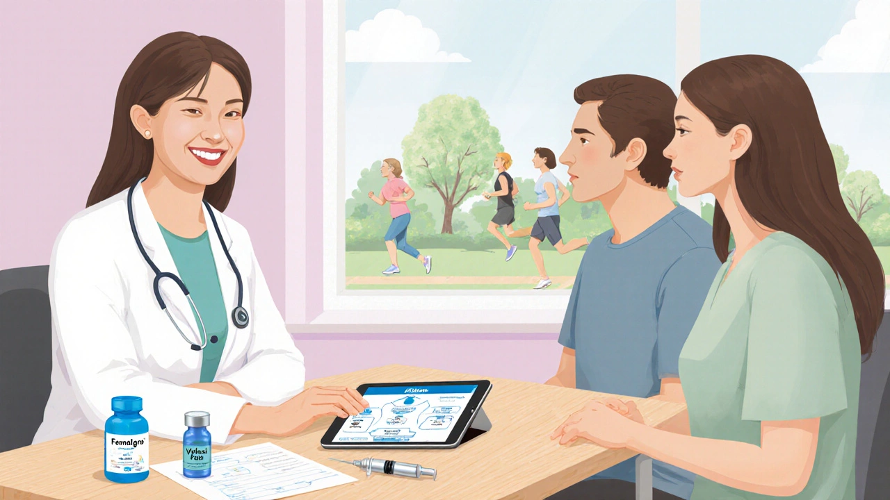 Doctor discusses Femalegra, Vyleesi, and hormone patch with a couple in a cozy clinic.