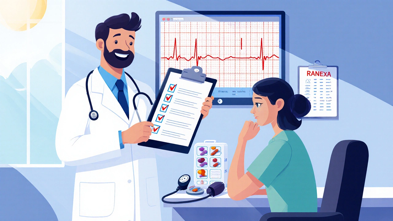 Doctor reviewing a checklist with ECG monitor and Ranexa pills beside a patient.