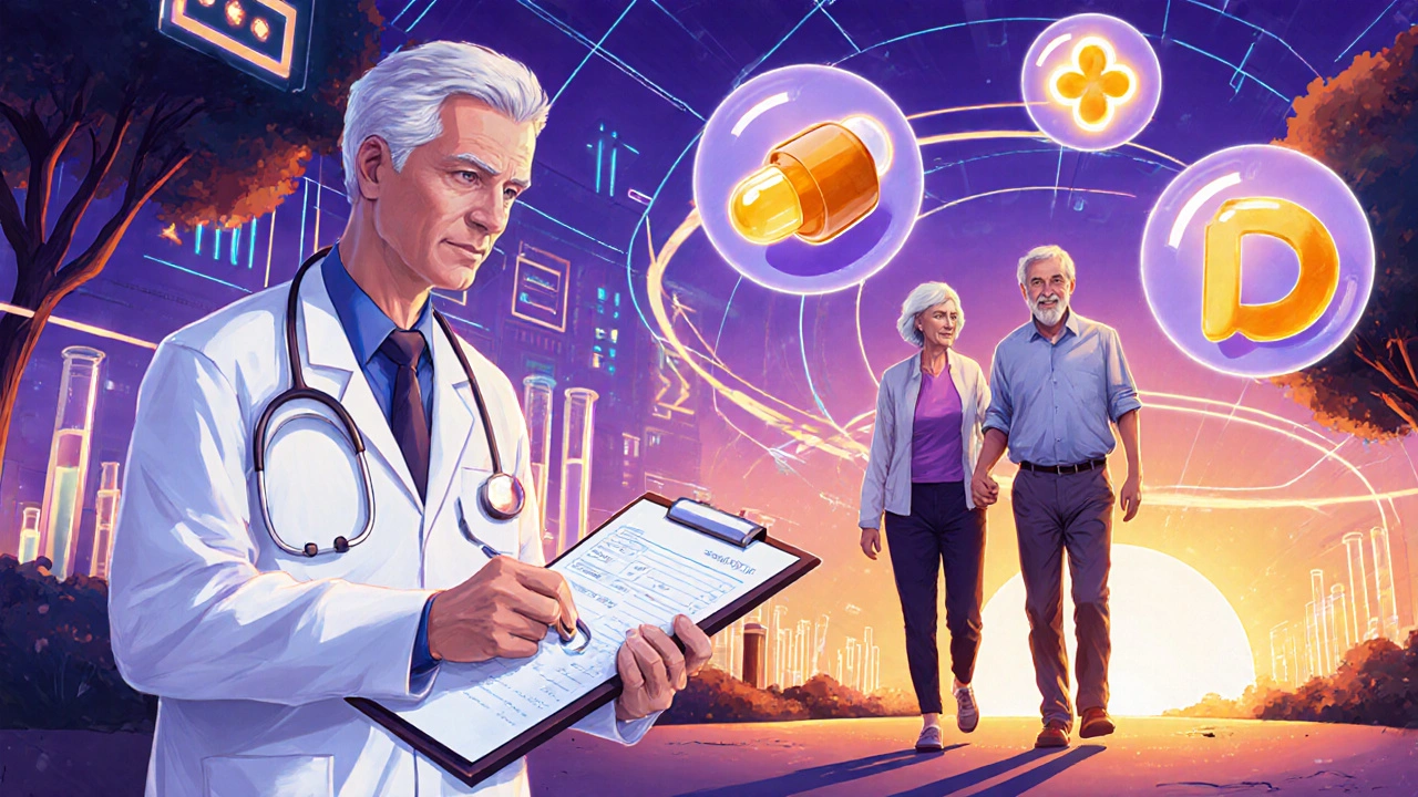 Doctor reviews labs as an older couple walks in a park, surrounded by floating vitamin‑D, calcium and omega‑3 icons.