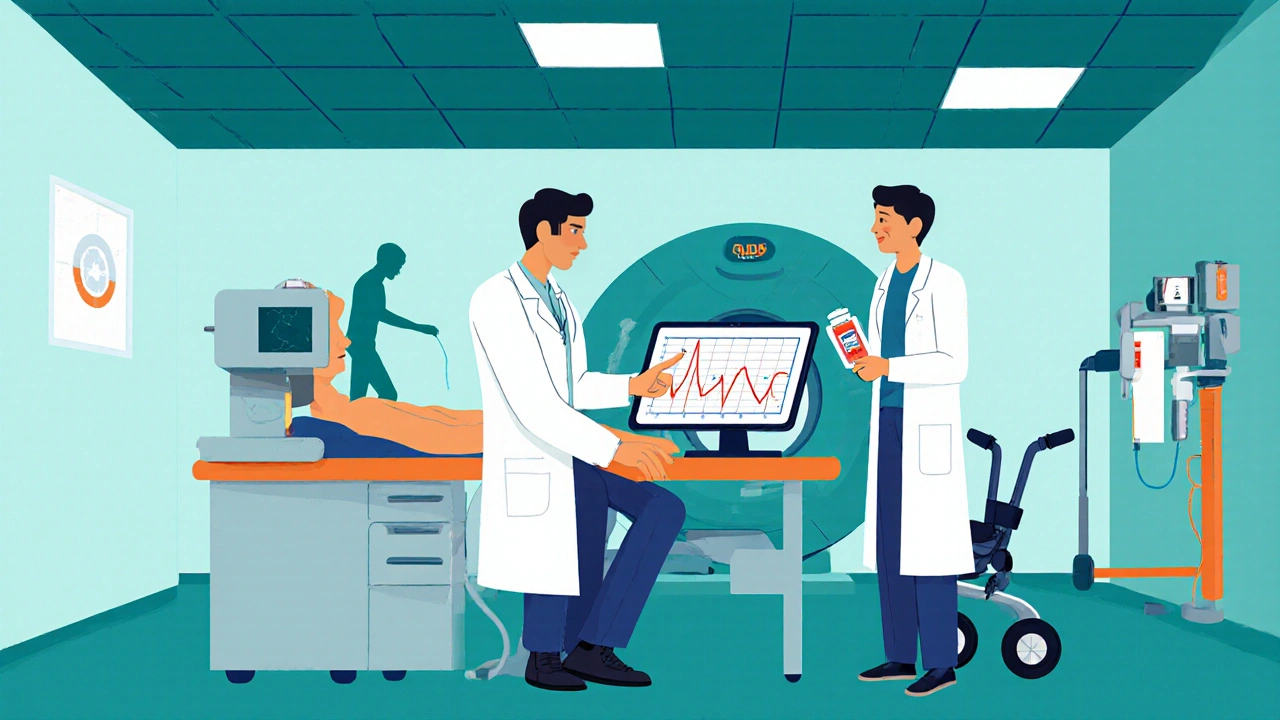 Doctor, therapist, and technician examine patient with EMG and gait trainer.