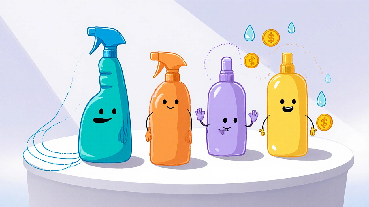 Five colorful spray bottles with visual icons showing speed, cost, and moisture.