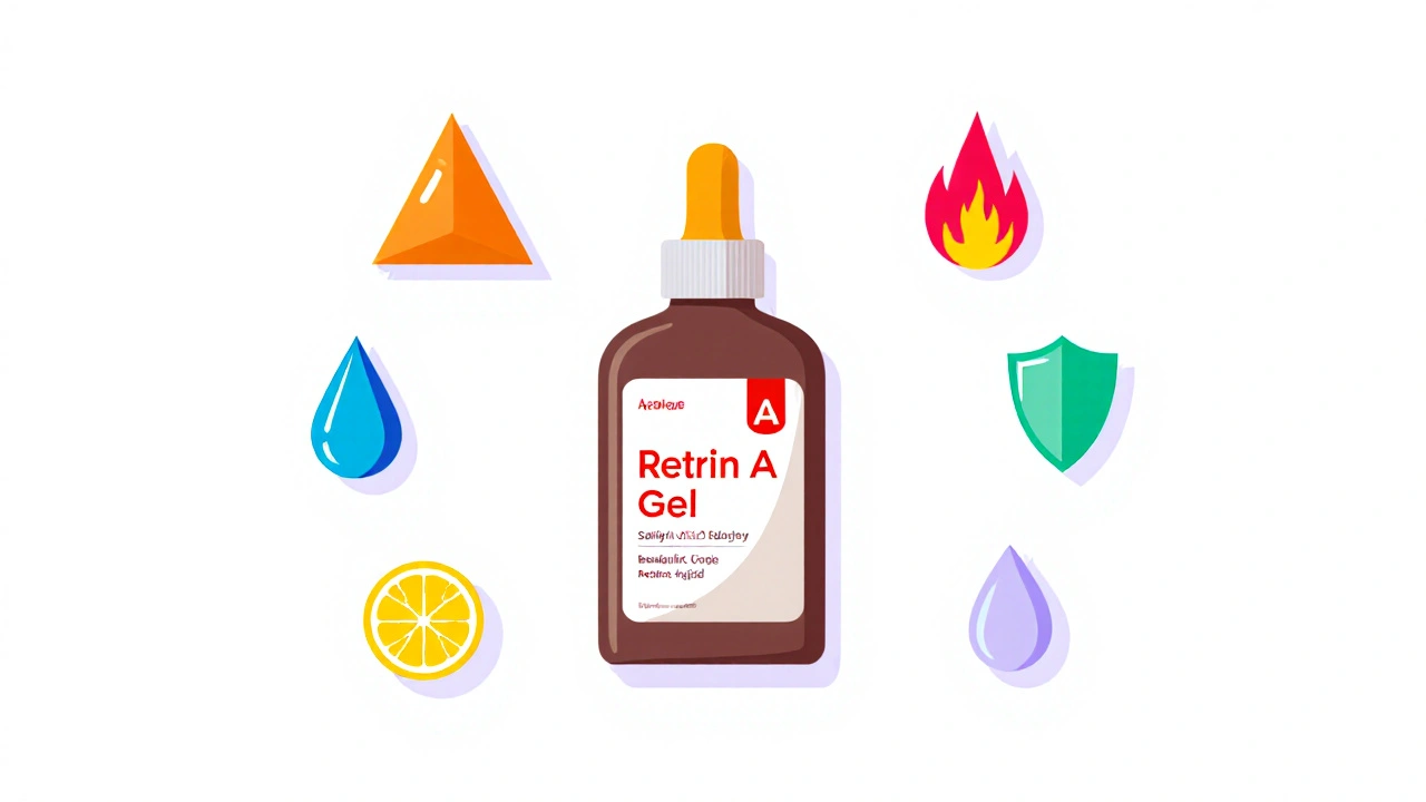 Flat illustration of Retin A Gel bottle surrounded by icons for eight acne treatments.
