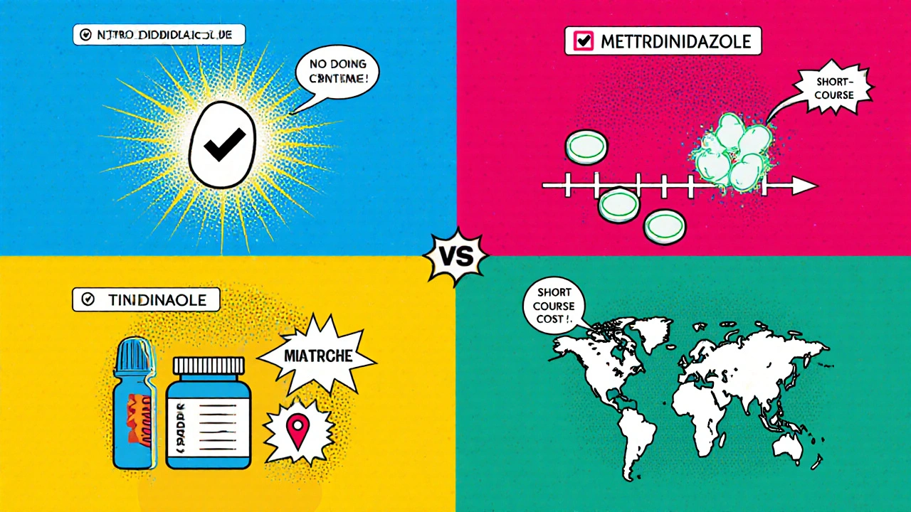 Four comic panels comparing secnidazole, metronidazole, tinidazole, and ornidazole.