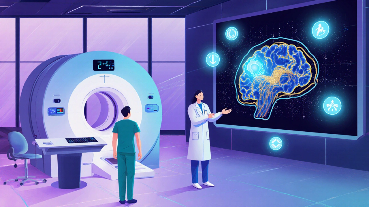 Futuristic imaging lab where AI highlights a cerebral aneurysm on a 3D map.