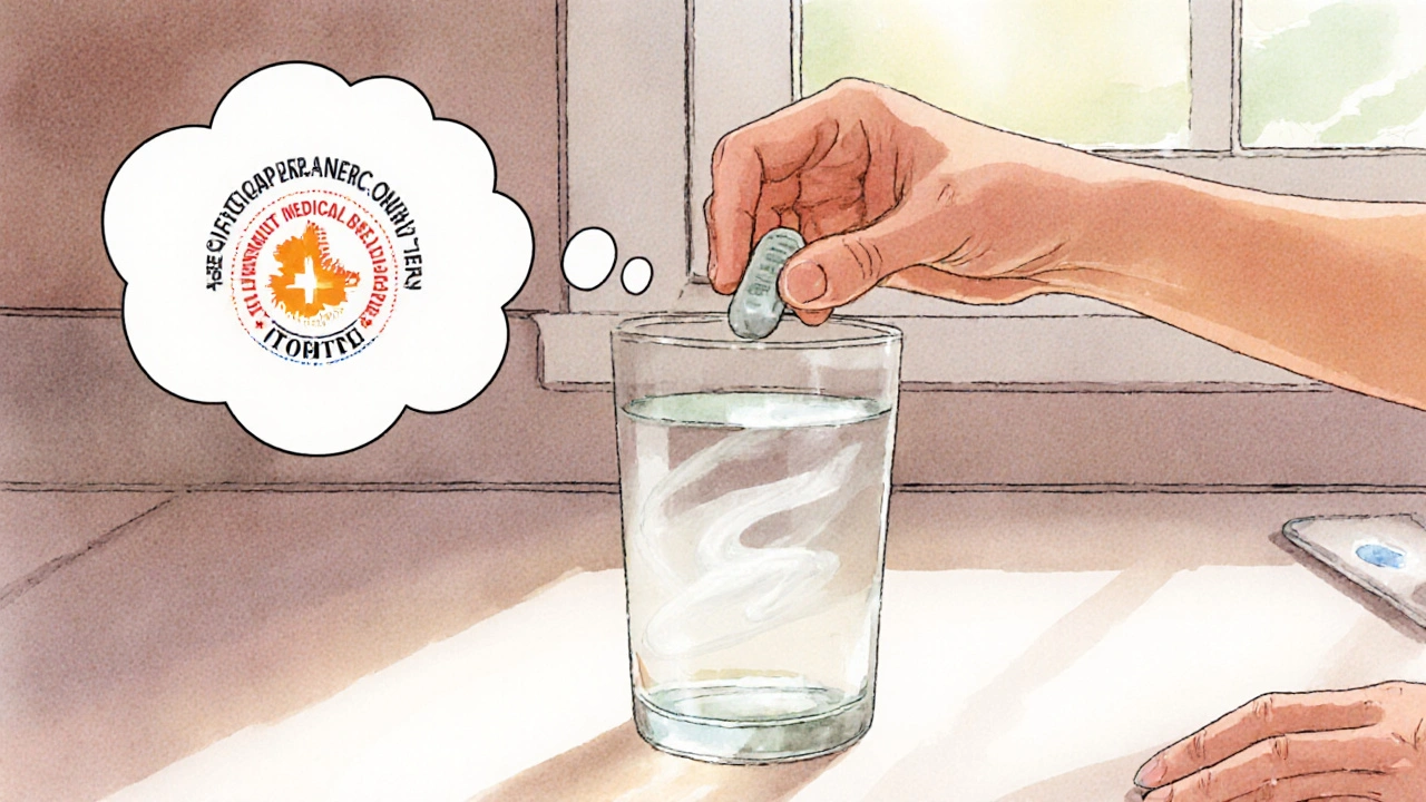 Hand dropping an ibuprofen tablet into warm water, watching it dissolve.