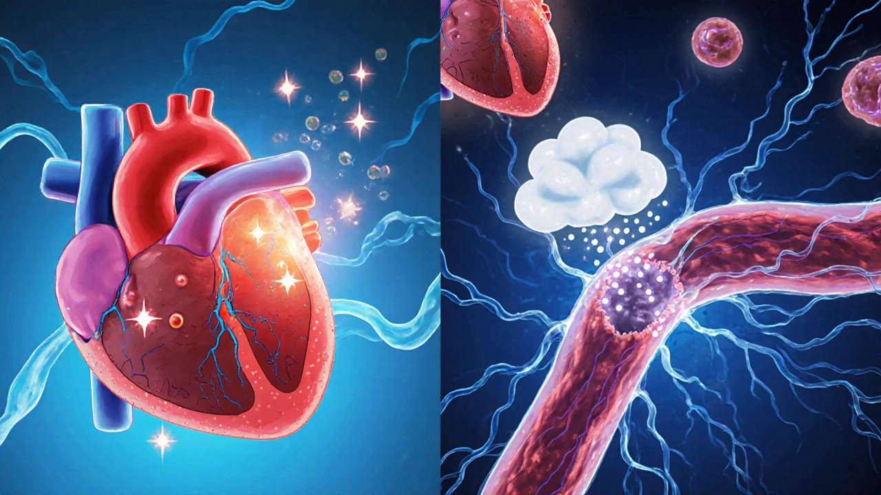 Heart cell split view showing Ranexa blocking sodium channels and other drugs causing vasodilation.