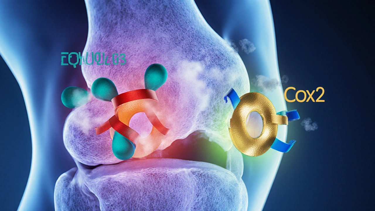 Illustrated knee joint showing inflammation decreasing after Etodolac and Naproxen treatment.
