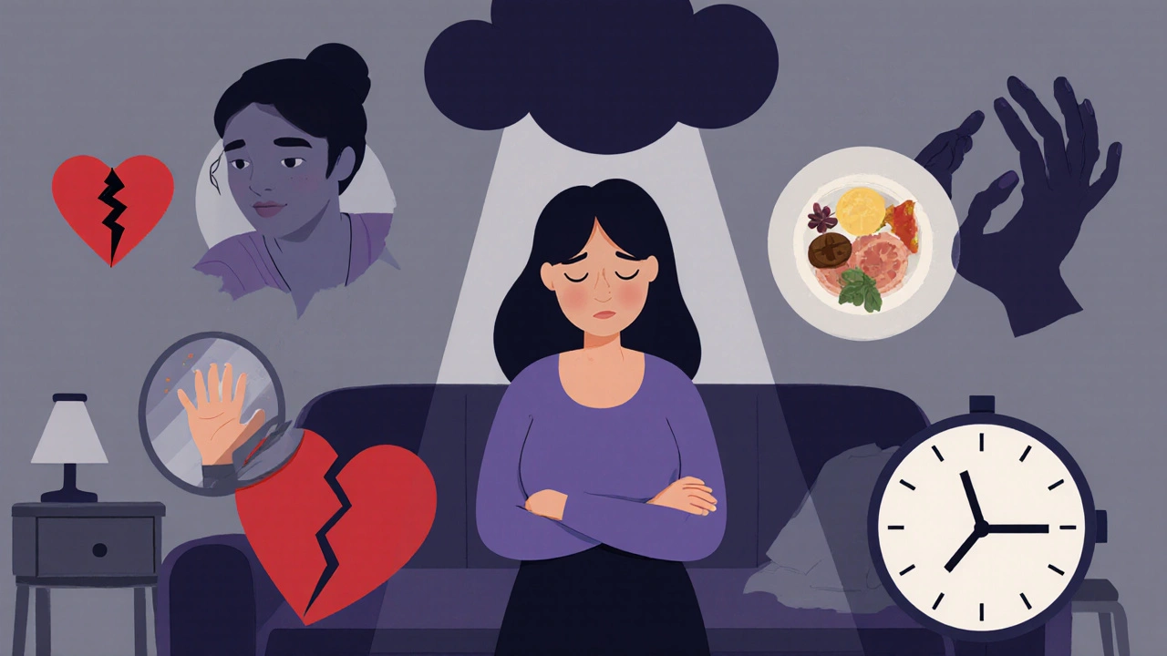 Illustration of a mother surrounded by symbols of depression symptoms.