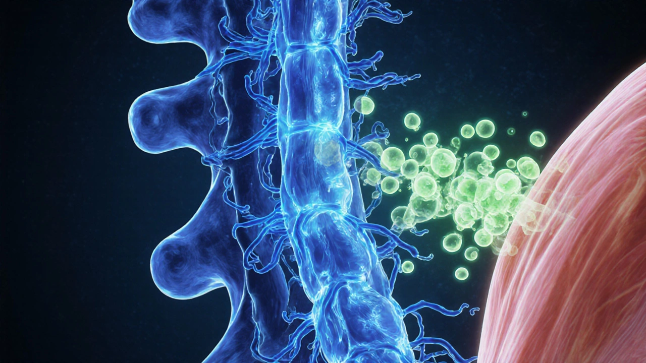 Illustration of spinal cord receptors with green particles dampening blue nerve signals.