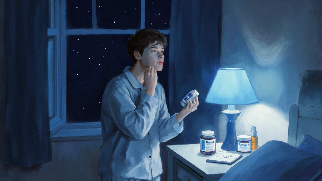 Impressionistic bedroom scene with a person applying Retin A Gel before bedtime.