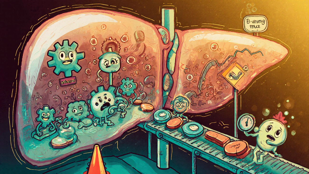 Inside a cartoon liver, enzymes struggle as alcohol and phenazopyridine compete for processing.