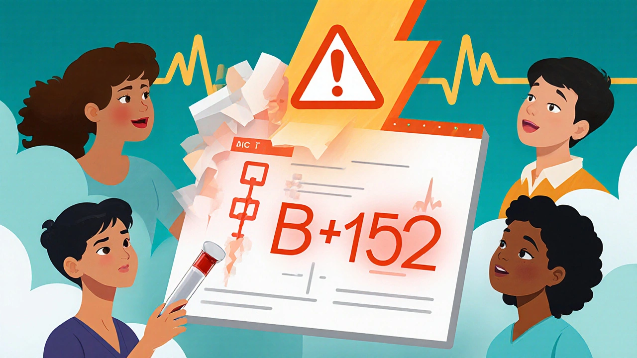 Medical chart with glowing HLA-B*15:02 gene, diverse Asian individuals, warning lightning bolt above