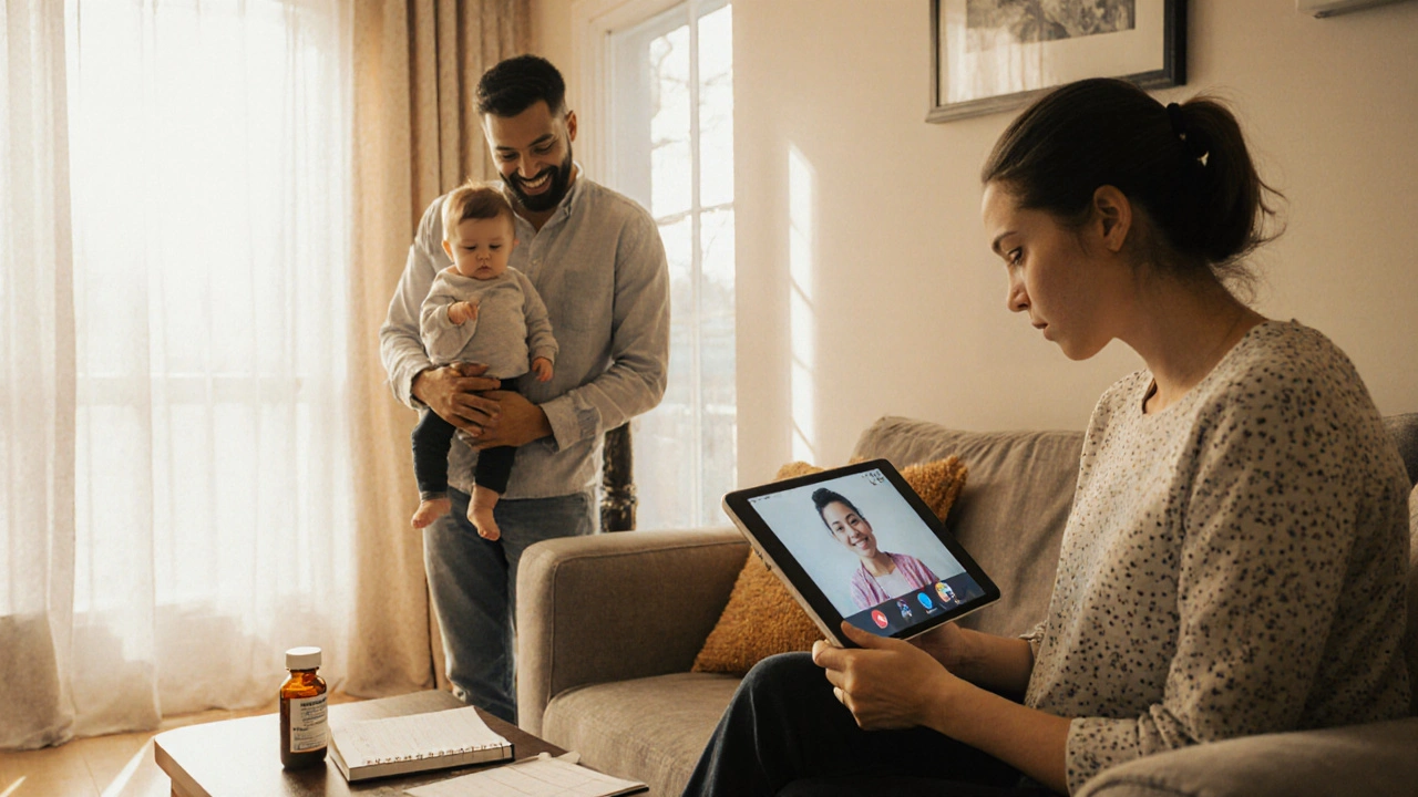 Mother on sofa video‑chatting with therapist, partner holding baby, sunlight streaming in.