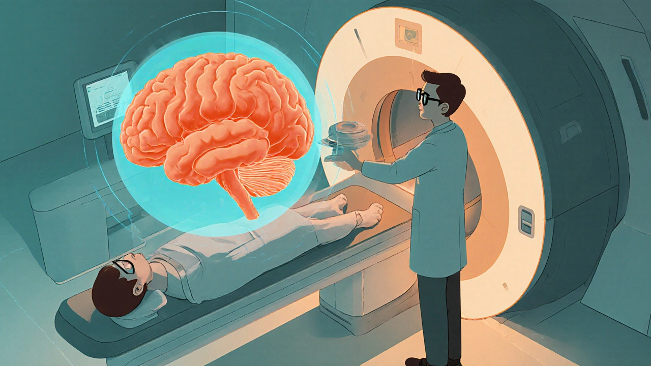 MRI scanner showing bright signals of blood in a brain illustration.