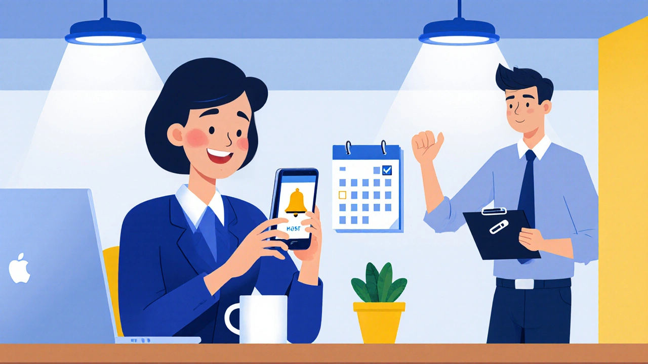Office worker checking a phone medication reminder while a supportive manager nods.