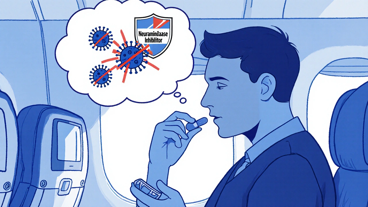 Passenger taking oseltamivir pill on plane, virus particles being blocked.