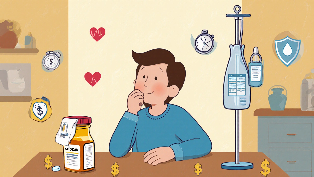 Patient at a kitchen table comparing a Cytoxan pill bottle and an IV bag with side‑effect icons.
