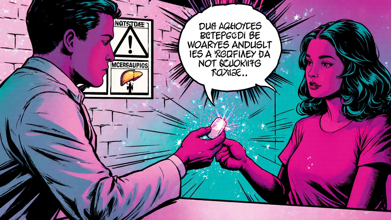 Patient receiving a secnidazole tablet at a pharmacy with thought bubble about convenience.