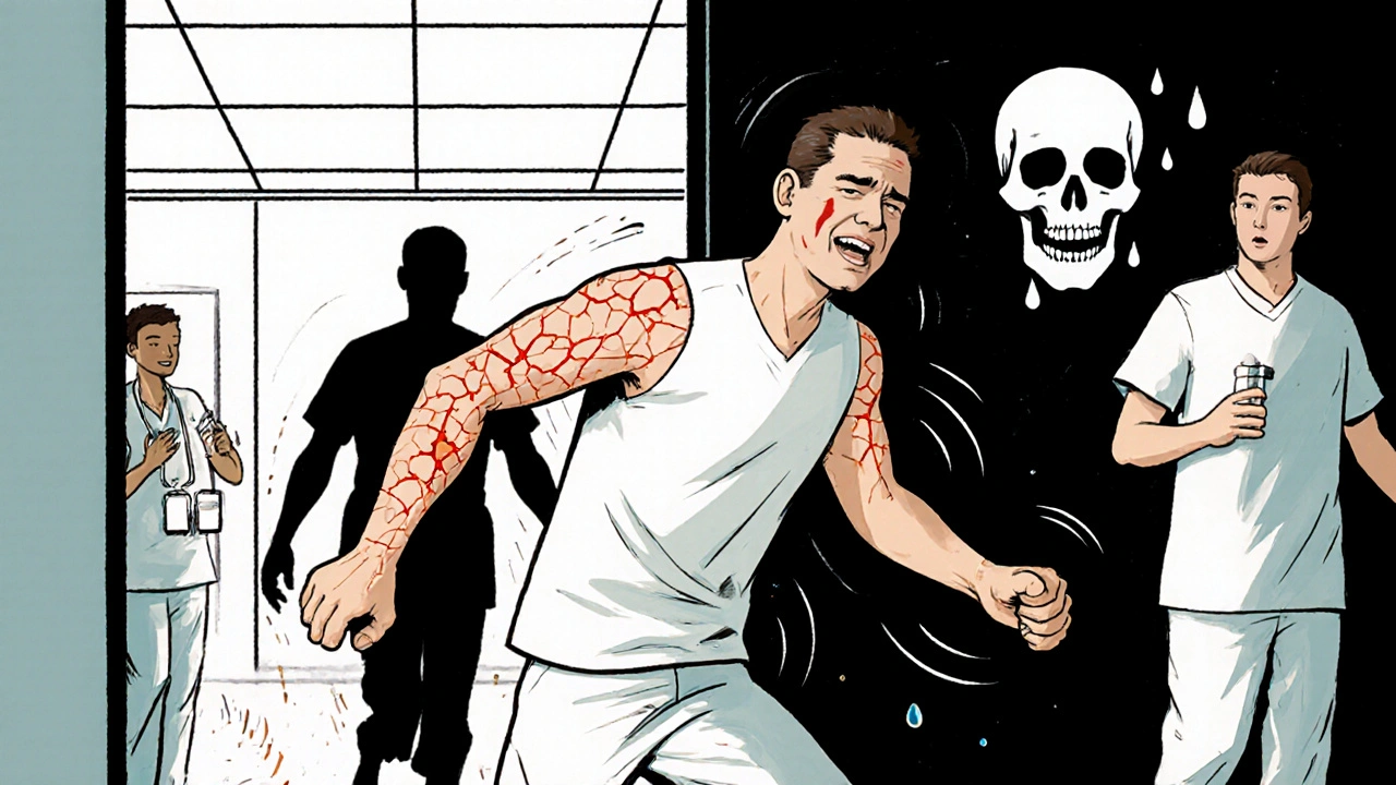 Patient rushing to ER with peeling skin, oxcarbazepine morphing into skull, medical staff reacting