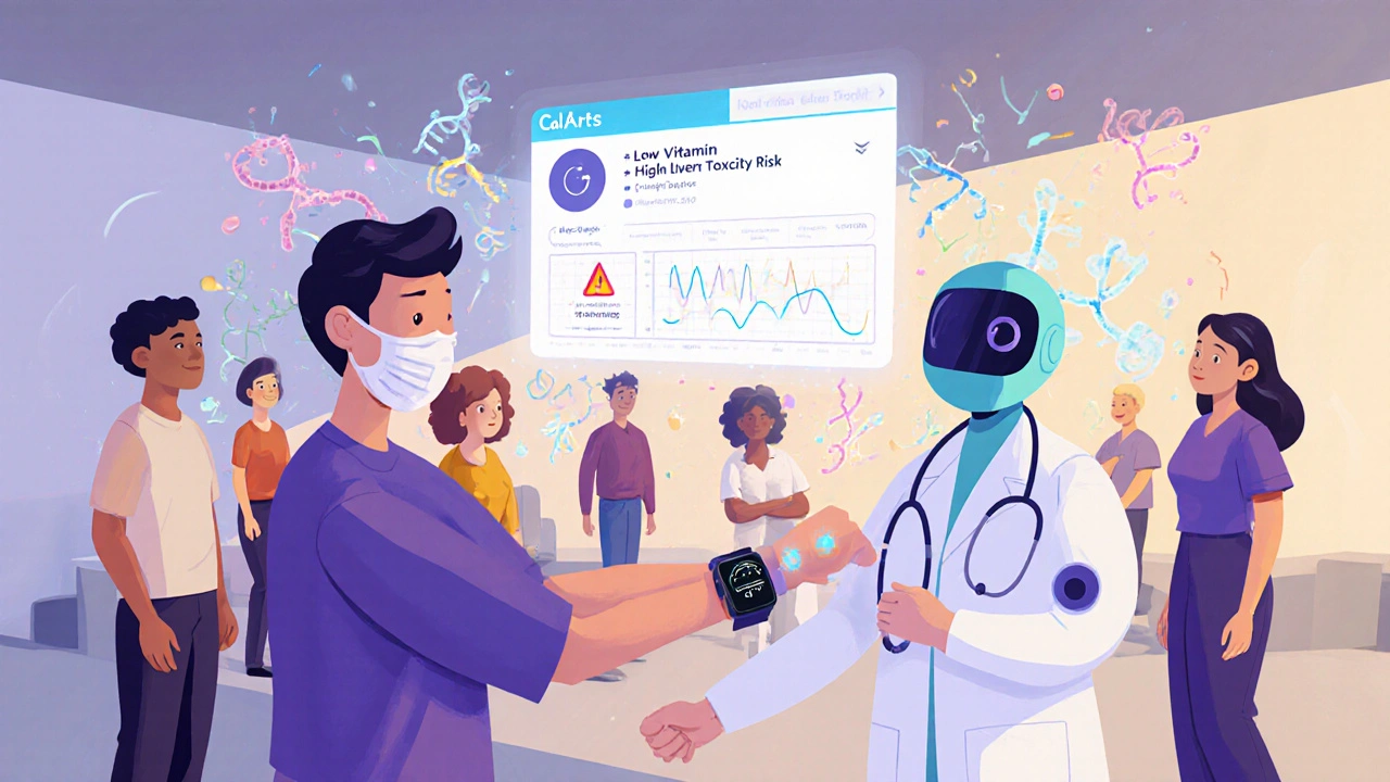 Patient with smartwatch and AI interface displaying personalized drug risk based on genetics and lifestyle.