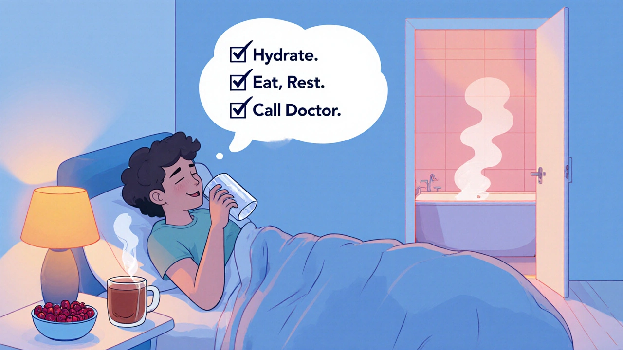 Person resting on a couch drinking water, with tea, cranberries, and a checklist of safety steps.