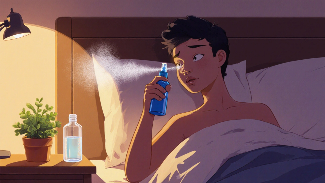 Person using a nasal spray with a mist and feeling relief in a cozy room.