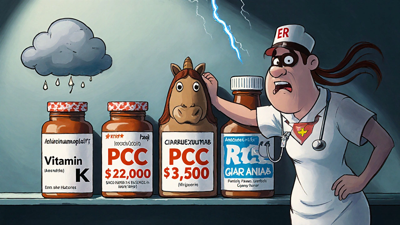 Personified anticoagulant reversal agents on a hospital shelf, with cost and speed differences shown visually.