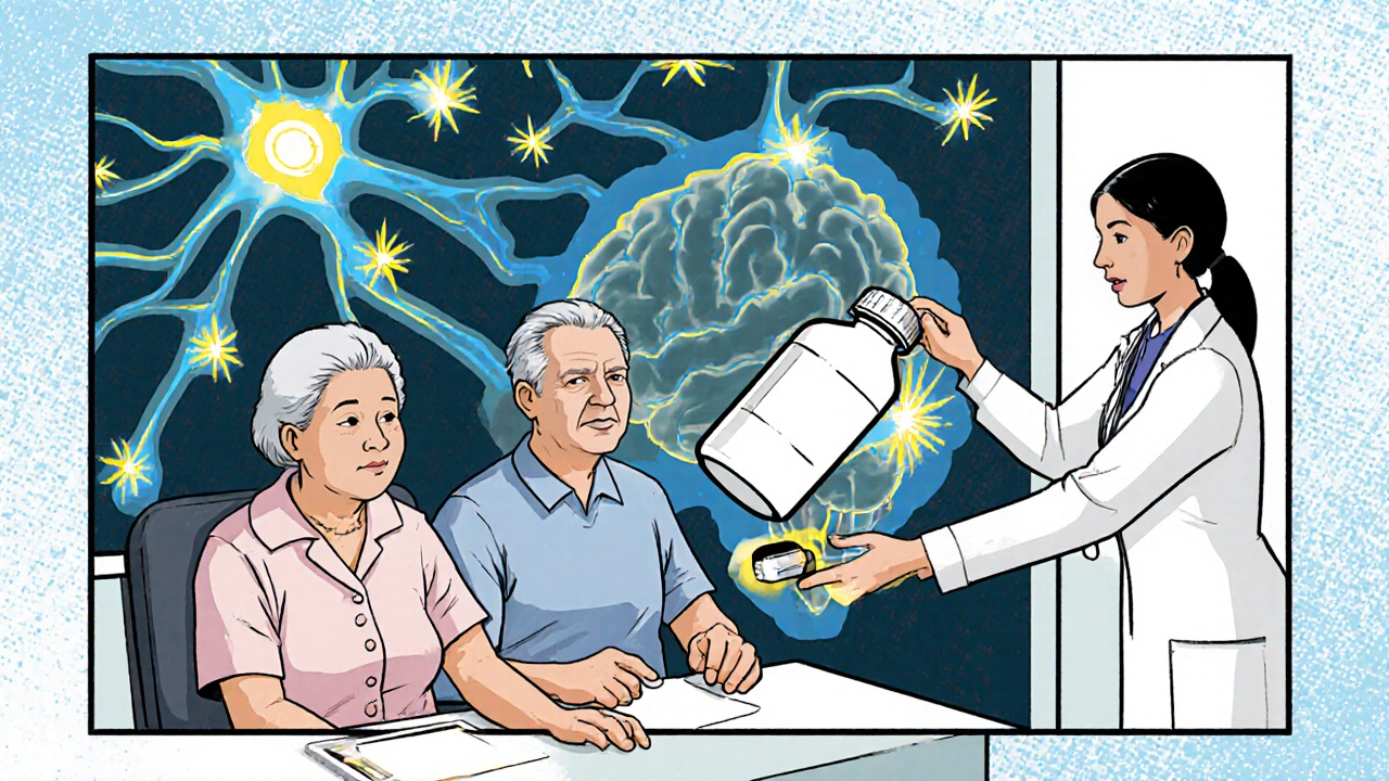 Senior participants receive alfacalcidol in a clinic while a bright brain illustration shows neurons and calcium sparks.