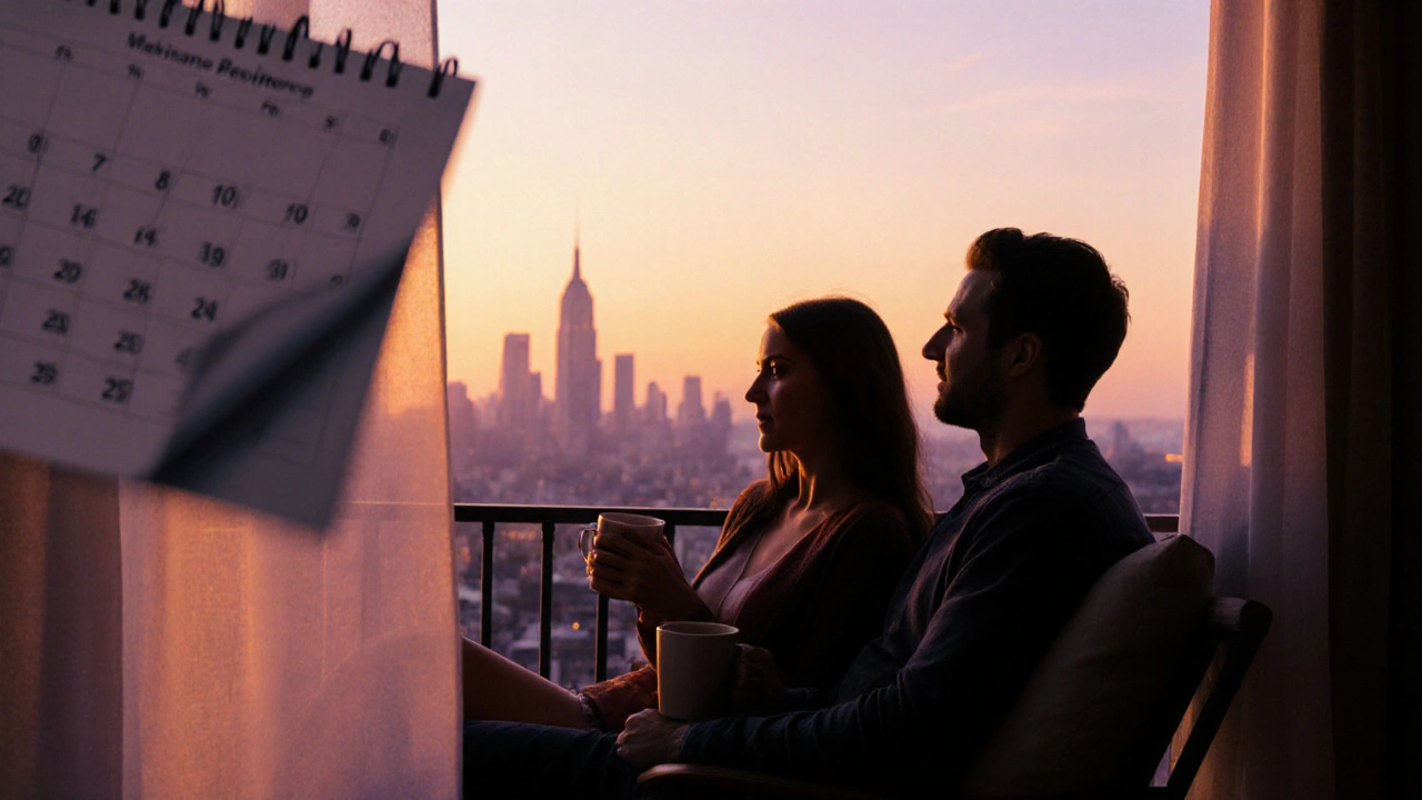 Silhouetted couple enjoying a relaxed moment on a balcony at sunset, suggesting freedom of choice.