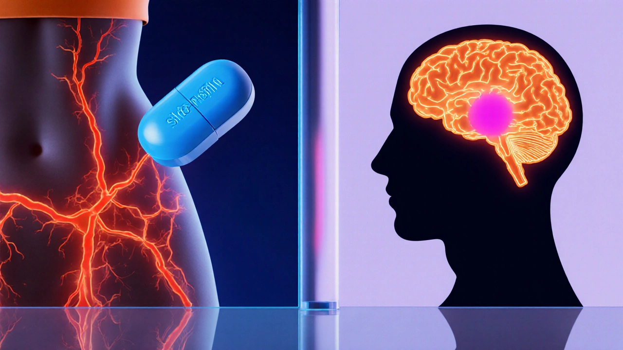 Split illustration showing blood flow boost from sildenafil and brain pathways for Addyi and Vyleesi.
