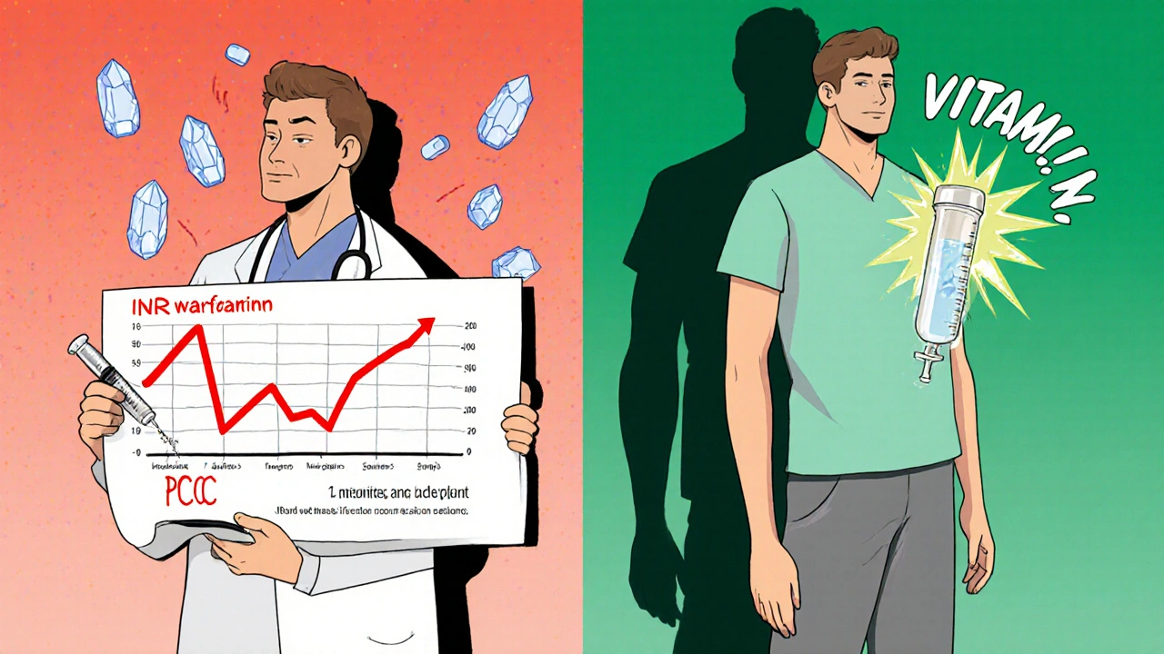 Split illustration showing PCC and vitamin K working together to reverse warfarin&#039;s effects.