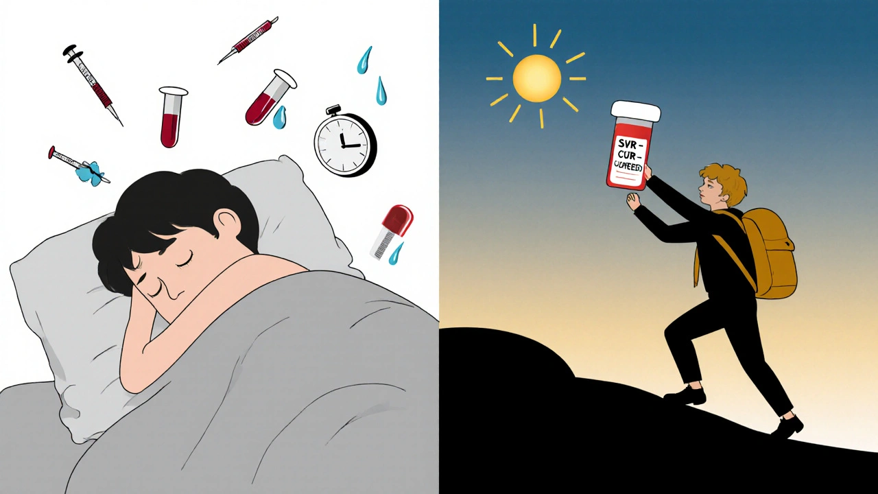 Split scene: left shows illness with needles and tears, right shows the same person hiking happily with a cured blood test result.