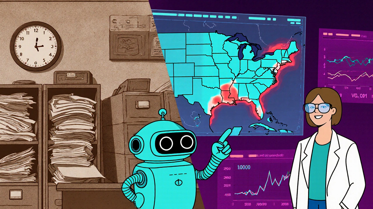 Split scene: messy paper records vs. glowing digital dashboard showing real-time drug risk alerts.