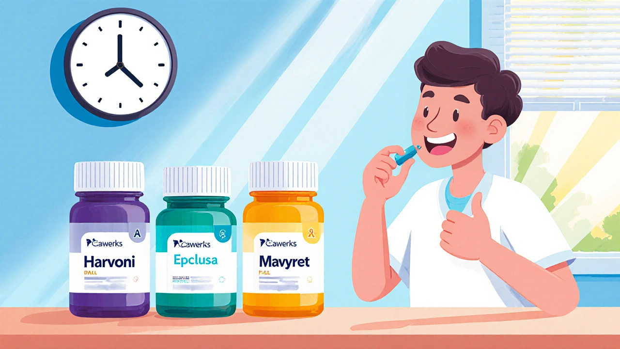 Three colorful DAA pill bottles on a bright pharmacy counter with a smiling patient taking one pill.