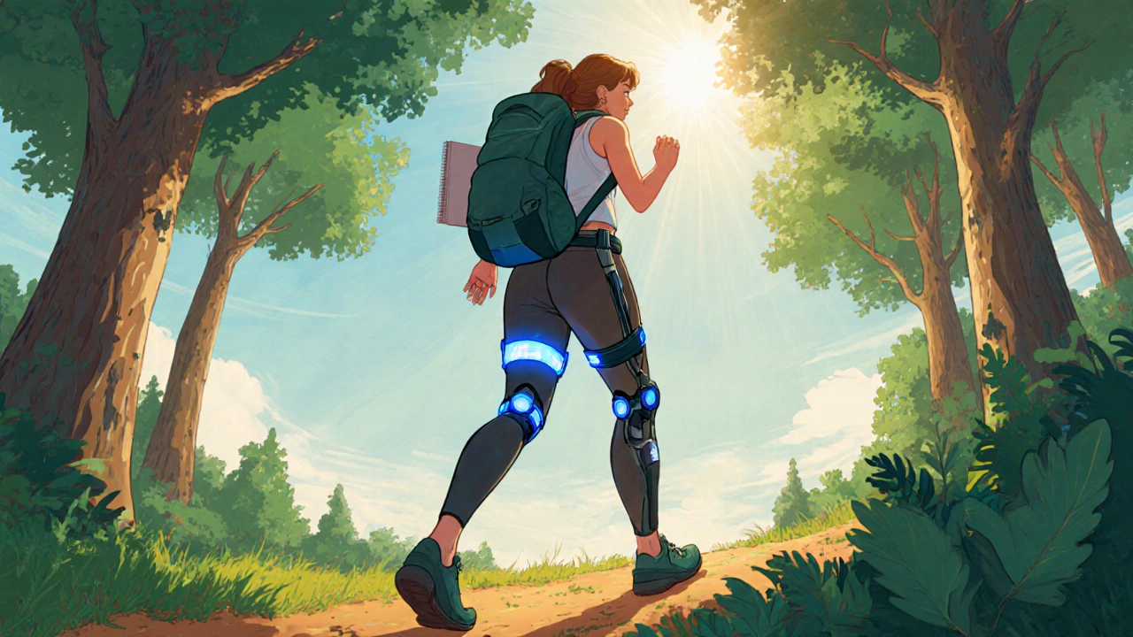 Woman hiking confidently wearing a glowing exoskeleton brace.