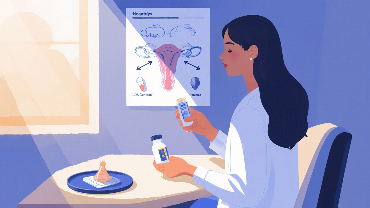 Woman in clinic holding Metronidazole bottle with condom on a tray.