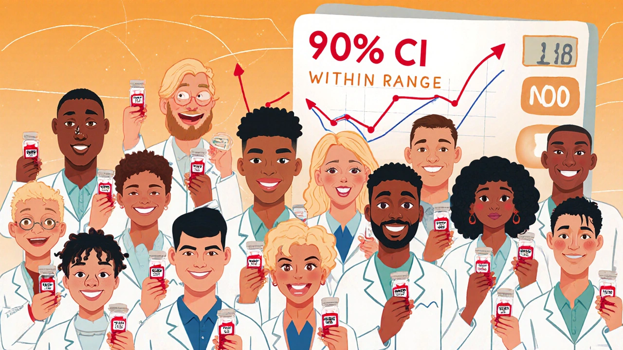 24 volunteers in lab coats holding blood vials, with synchronized concentration curves floating above them.