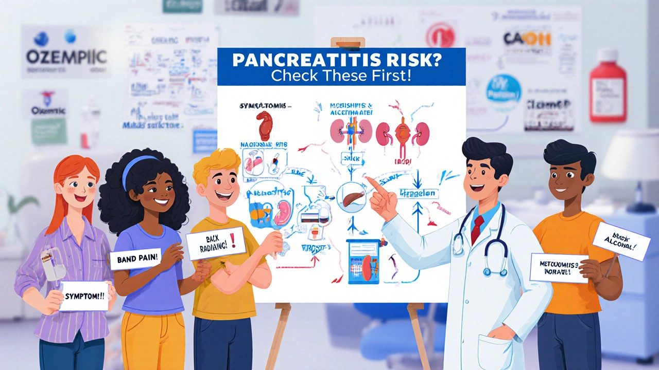 A doctor points to a colorful risk assessment chart while patients hold up symptom signs in a cheerful medical setting.