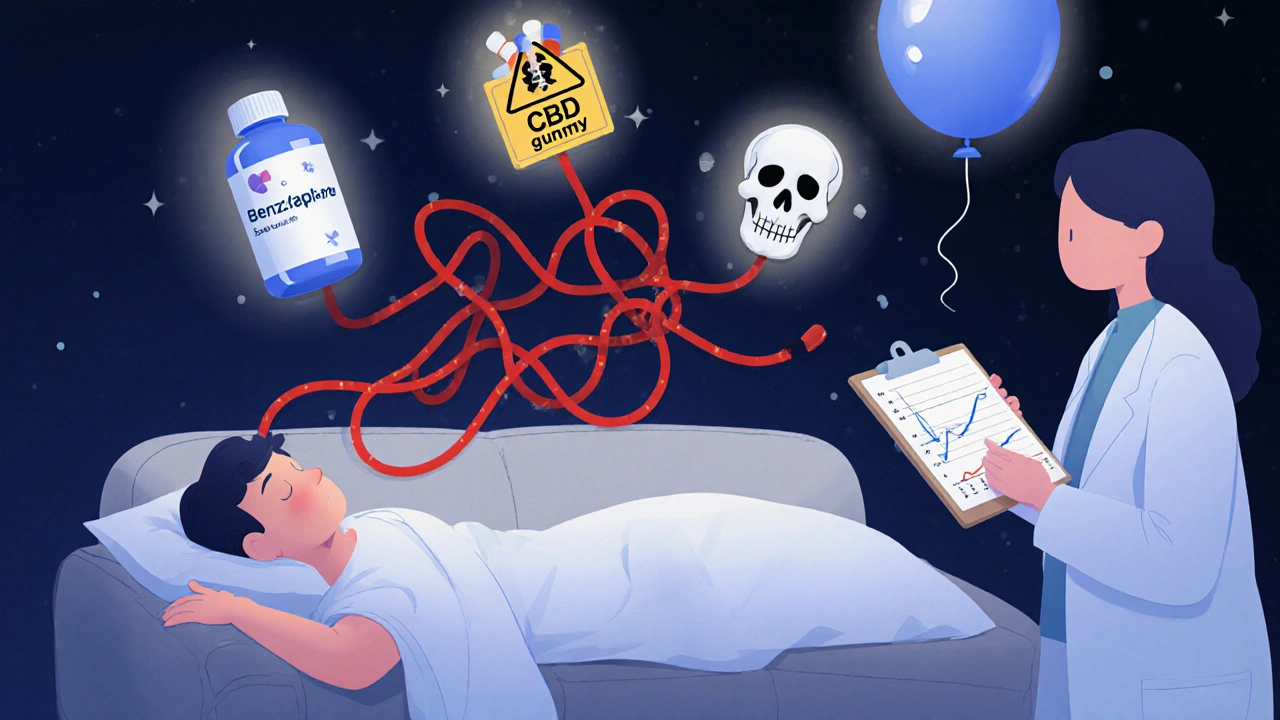 A drowsy person with floating medication icons connected by a red sedation cord, illustrated in CalArts style.