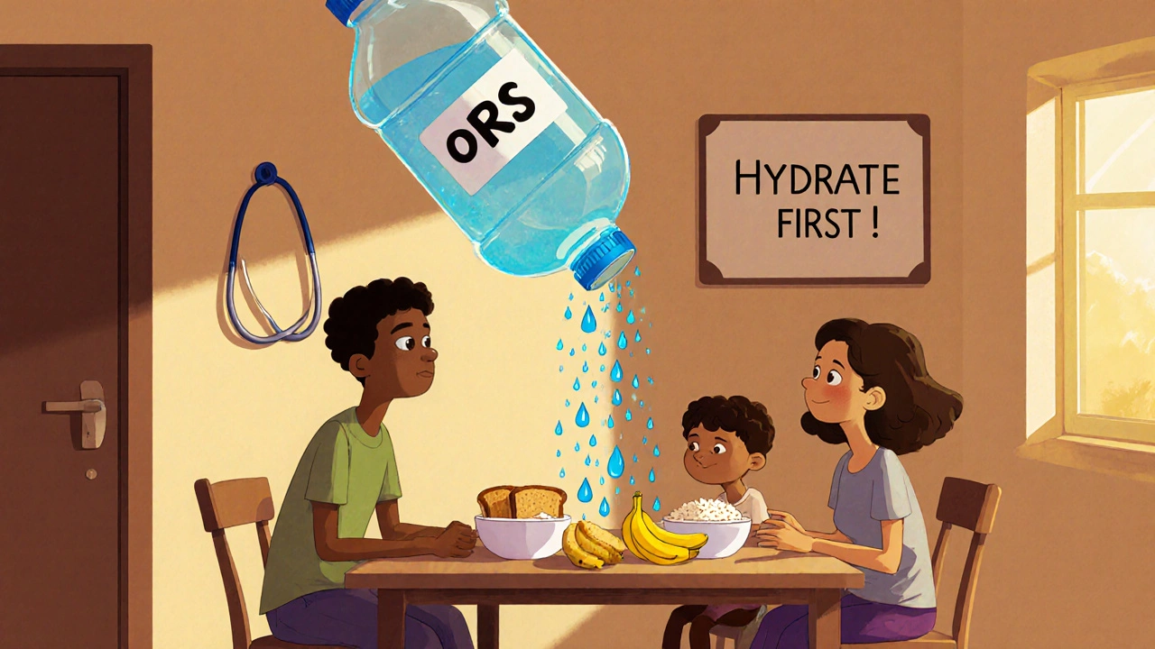 A family eating bland food as glowing electrolyte droplets rain down on them